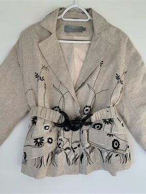Silvia Tcherassi Embroidered Beige Linen Blend Belted Jacket Size S